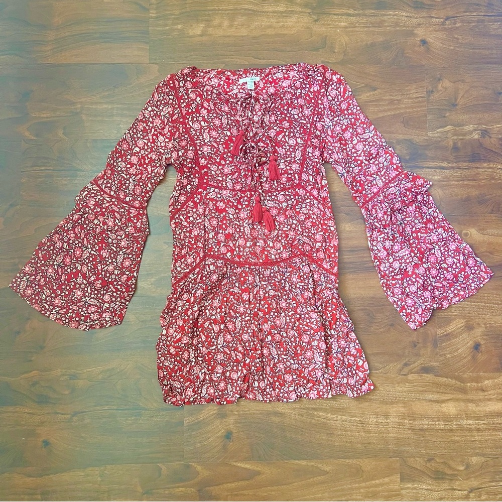 Amuse Society La Palma Boho Floral Dress Tassel Neck Bell Sleeves Red Size XS